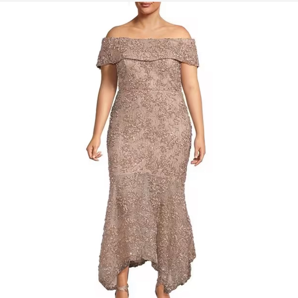 Xscape Plus Size Off-the-Shoulder Cap Sleeve High-Low Hem Mermaid Dress.